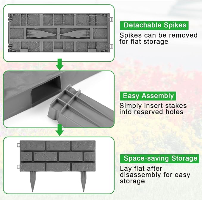 15 Pcs Garden Edging Border, 26ft Faux Stone Edging for Landscaping Lawn | No-dig Plastic Garden Fence, Stone Look Barrier with Built-in Stakes for Flower Beds, Yard, Paths, Patio and Tree Rings Decor