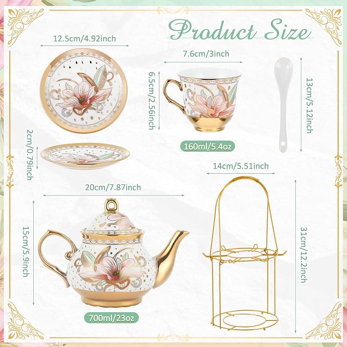 Zhehao 20 Pcs Porcelain Tea Set with Metal Holder and Spoon Adult Ceramic Tea Set European Flower Painting Teapot Cup Saucer Spoon for Women Mom Gift, Large Version (Traditional Style)