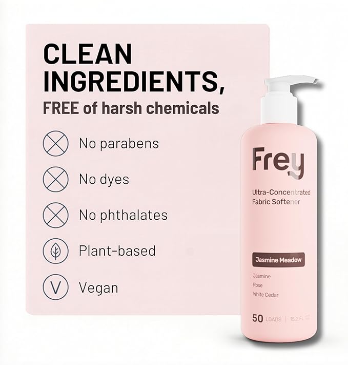 FREY Natural Liquid Fabric Softener and Conditioner | HE Laundry Softener for All Machines | Plant-Powered Eco Friendly Formula | 1-Pack, Jasmine Rose