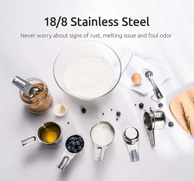U-Taste 18/8 Stainless Steel Measuring Spoons Set of 7 and Measuring Cup Set of 7 for Dry and Liquid Ingredient with Engraved Measurement