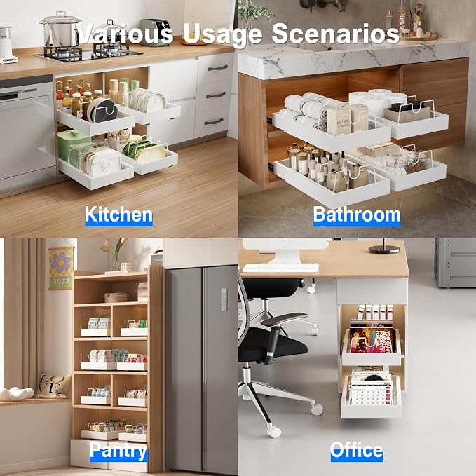 Mustorn 2 Pack Pull Out Cabinet Organizer with 8 Dividers,21.8" Deep Slide Out Drawers for Cabinets Adhesive Pull Out Drawers Heavy Duty Pull Out Shelves for Kitchen, Cupboard, Pantry, Bathroom-White
