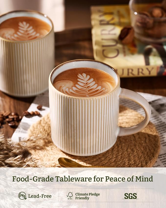 famiware Coffee Mug Set for 8, Star 16 oz Catering Mugs Cup Set with Handle for Coffee, Tea, Cocoa, Milk - Ceramic Stoneware Drinkware Set, Cappuccino White