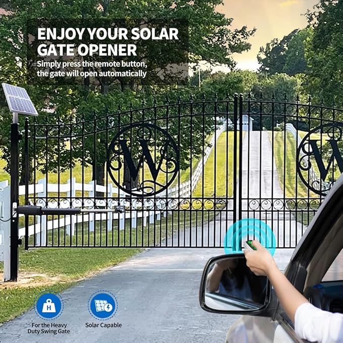 TOPENS AD8S Automatic Solar Gate Opener for Heavy Duty Dual Swing Gates Up to 18ft per Arm, Dual Swing Gate Operator Battery Powered with Remote Control Kit Gate Motor Solar Panel Included