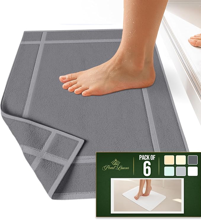 Pearl Linens 100% Ring Spun Cotton Bath Mat (Pack of 6) 18 x 25 Inch, Washable, Soft & Absorbent Terry Bathroom Floor Mat – Not Bathroom Rugs – Quick-Dry After Shower Bath Mat, 781 GSM, Light Grey