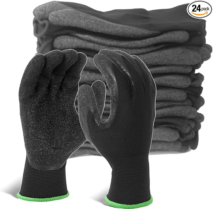Evridwear Crinkle Latex Rubber Hand Coated Safety Work Gloves for Men Women General Multi Use Construction Warehouse Gardening Assembly Landscaping,Black X-Large 12 Pairs Pack