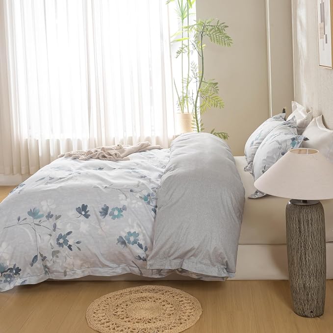 OAITE Duvet Cover Set Queen Size Floral Pattern Ultra Soft 100% Cotton Duvet Cover Sets 3-PC, Breathable Duvet Cover with Zipper Closure & Corner Ties(2 Pillow Shams,1 Duvet Cover)