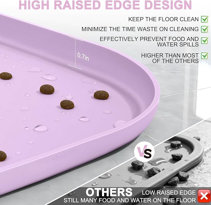 SMILOOL Waterproof Silicone Pet Food Mat with Raised Edge for Dog & Cat | 12" x 12" Non-Slip Small Pet Feeding Mats with Lip for Food & Water Bowl, Food Grade, Easy Cleaning, Lavender