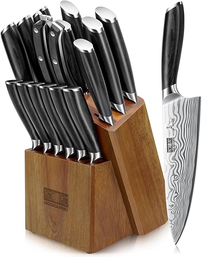 HOSHANHO 16-Piece Knife Set with Block, Ultra Sharp Kitchen Knife Block Set | High Carbon Powder Steel Chef Knife Set, Professional Kitchen Knives Set with Sharpener and Pakkawood Handle, Elegant Box