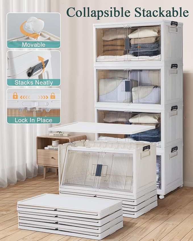OlarHike 97QT Stackable Storage Bins with Lids - Folding Storage Box with Doors & Wheels, Collapsible Plastic Drawers for Closets and Organization, Garage, College, School, Shelves, Dorm, 5 Pack Cubes