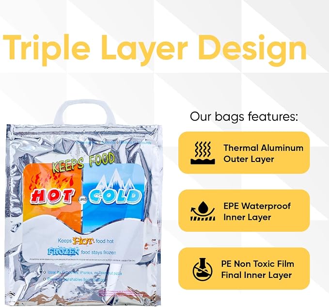 Superio Hot and Cold Insulated Bags for Food Delivery, Grocery Shopping Bags, Food Storage for Hot and Frozen Food for Travel, Disposable Cooler Bag, Reinforced Thermal Lunch Bag (6, 20" x 19")