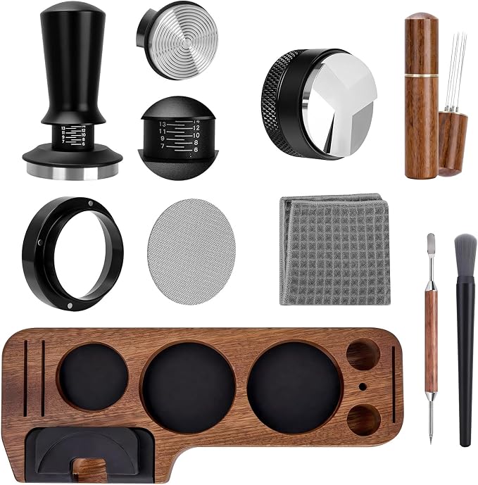 9-in-1 Espresso Tool Set: 58mm Tamper, WDT Tool, Distributor, Magnetic Funnel, Puck Screen, Brush, Cleaning Cloth, Latte Art Needle & Wooden Stand for Breville De'Longhi