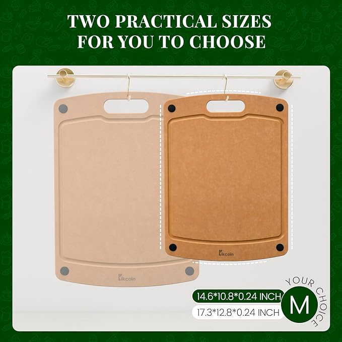 Kikcoin Wood Cutting Board, Cutting Boards for Kitchen Dishwasher Safe Non-slip Chopping Board with Juice Groove, Wood Fiber Composite Cutting Board with Handle, 14.6"*10.8"