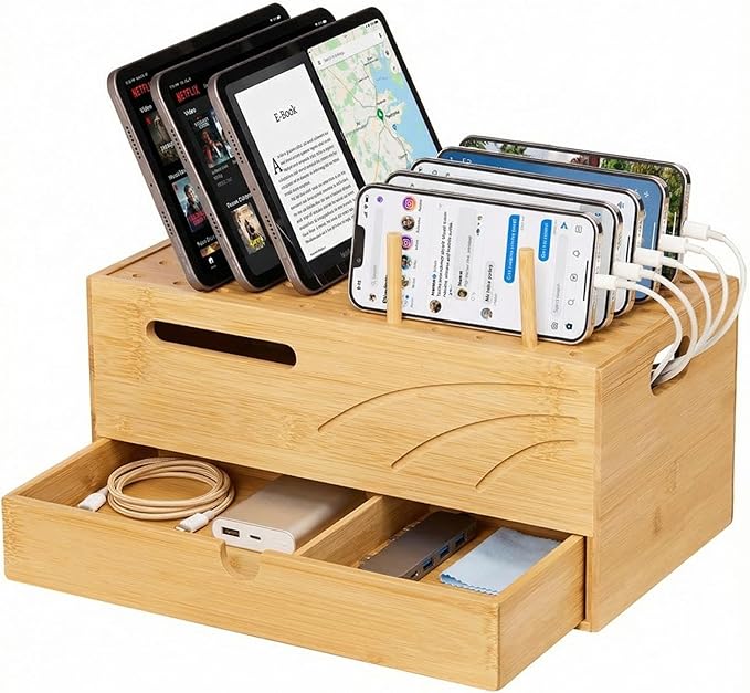 Homde Bamboo Charging Station Organizer: 2 Layer Charger Holder with Drawer for Office Home - Electronic Docking Stand for Multiple Devices, Tablets, Phones
