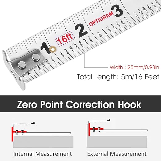 16 Ft Tape Measure, Stainless Steel Double Sided Scale Retractable Measuring Tape, Anti Fall Wear Resistant Metric Ruler, Hollow Design, Self Lock