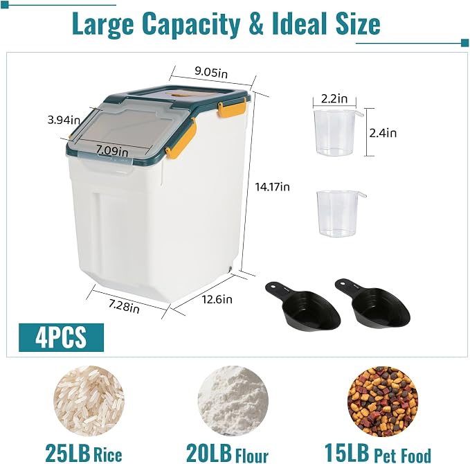 4 Pack Rice Container 25 lbs Large Bulk Flour Sugar Storage Holdhouse Plastic Grain Cereal Dry Goods Bin with Spoon and Measuring Cup for Kitchen Pantry Organization - Blue