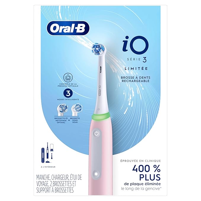 Oral-B Rechargeable Electric Toothbrush, iO3 Limited Deep Clean, 3 Cleaning Modes, Visual Pressure Sensor to Protect Gums, 2 Brush Heads, Travel Case, Azalea Pink