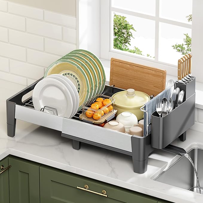 Urackify Expandable Dish Drying Rack, Stainless and Aluminum Frame, Gray | Dish Drainer for Kitchen Counter, Space Saving Kitchen Drying Rack with Movable Utensil Holder, 19.69"L x 13.46"W x 9.06"H
