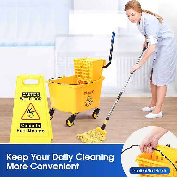 Maxdot 35 Quart Commercial Mop Bucket with Side Press Wringer on Wheels Yellow Industrial Mop and Bucket Set with Caution Sign for Floor Cleaning