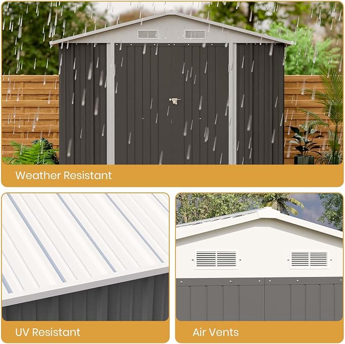 Patiowell 8 x 12 FT Outdoor Storage Shed, Metal Storage Shed, Gray | Steel Shed Storage House with Design of Lockable Doors, Utility and Tool Storage for Garden, Patio, Backyard, Outside use