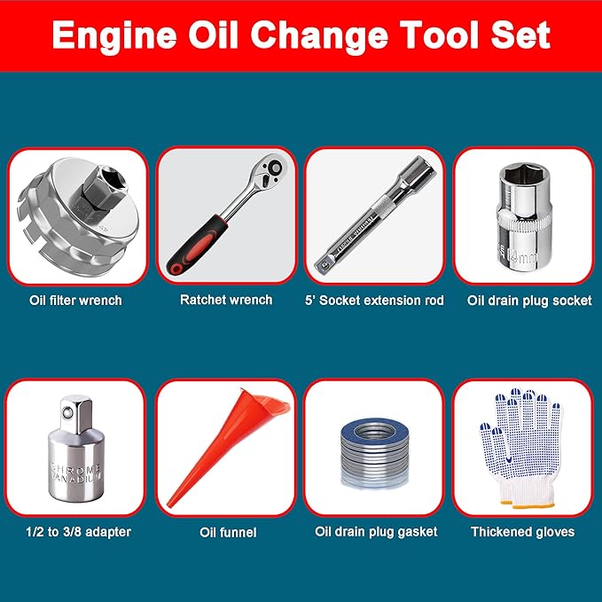 REUNEWAX 64mm 6 Slots 14 Flutes Oil Filter Change Wrench Tool Set for Toyota Corolla, Prius Prime V, Matrix, CT200h, Scion iM/iQ/xD 1.8L Engine, Ratchet Wrench + Socket + Funnel + Gasket