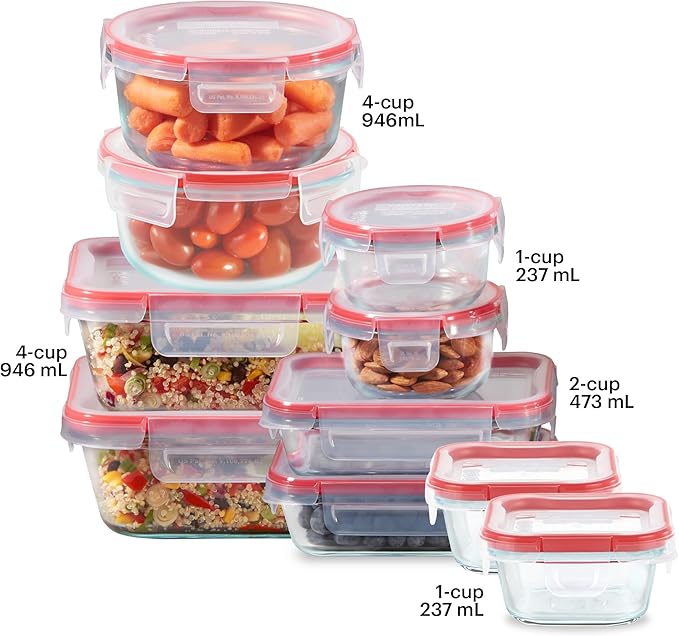Pyrex Freshlock (10-Pack) Mixed Sized Airtight Glass Food Storage Container Set, Non Toxic, with Plastic BPA-Free Leakproof Locking Lids