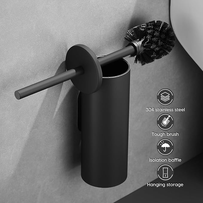 Toilet Bowl Brush and Holder, Black | 304 Stainless Steel, No-Punch Hook Base, Removable Inner Bucket, Splash Cover, Soft Bristles