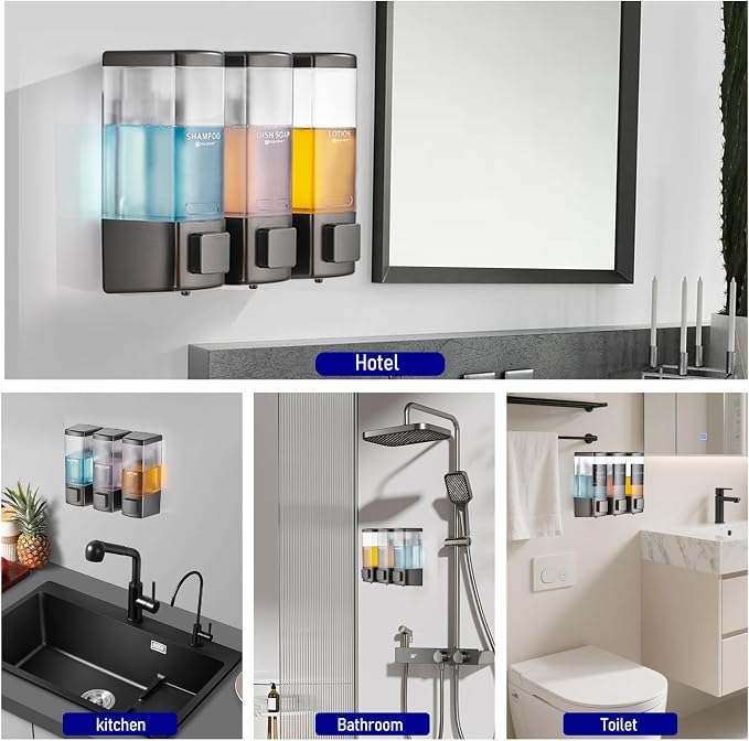 Pollock Shampoo and Conditioner Dispenser 3 Chamber * 500ML | Shower Soap Dispenser Wall Mounted, Body Wash Dispenser No Drill, Refillable Shower Dispenser for Bathroom
