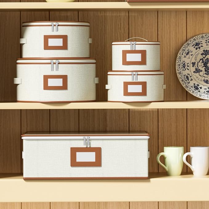 Aokeyee 4-Piece Plate Storage Set, Hard-Shell Dinnerware Organizer, Ivory | With 48 Soft Felt Dividers for Saucer, Dessert, Salad and Dinner Plates, Dual Zippers, Handles, Stackable, Moving & Storage