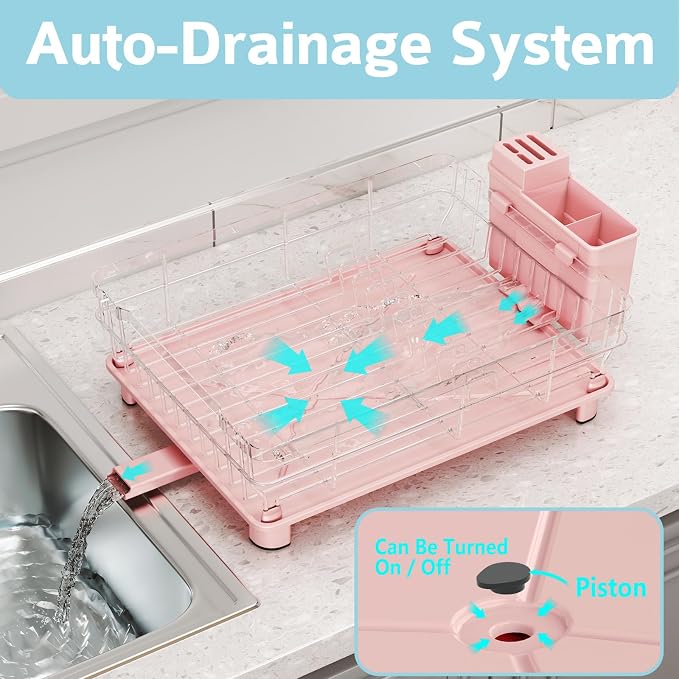 Dish Drying Rack for Kitchen Counter,12.8" W x 16.9" L,Pink | Space Saving Dish Rack, Self-Draining Drainboard, Rustproof Dish Drainer, Removable Utensil Holder