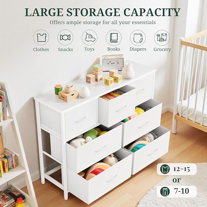 7-Drawer Dresser for Bedroom, Anti-Tip Wide Storage Organizer Fabric Chest of Drawers TV Stand for 45" TV with Wooden Top and Metal Frame for Closet, Living Room, Hallway, Entryway, White