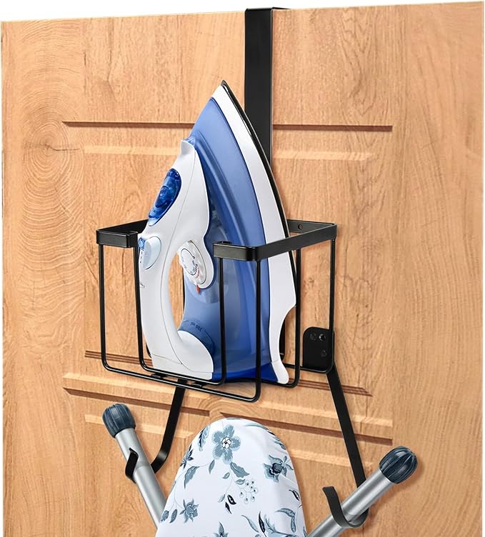 ORLESS Over The Door/Wall Mount Ironing Board Hanger, Laundry Room Iron and Ironing Caddy Board Storage Holder, Black