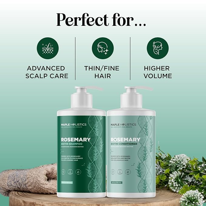 Volumizing Biotin Shampoo and Conditioner Set - Rosemary Shampoo and Conditioner for Thinning Hair Care with Tea Tree & Coconut Oil - Color Safe - Paraben Silicone & Sulfate Free (25 Fl Oz Each)