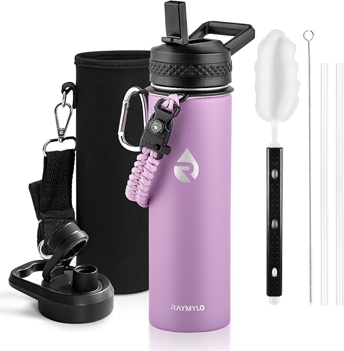 RAYMYLO Insulated Water Bottle 20 oz, Triple Wall Vacuum Stainless Steel (Cold for 24Hrs, Hot for 12Hrs), Leak Proof & Non-BPA, Modern Water Bottle Jug for School with Straw Spout Lids