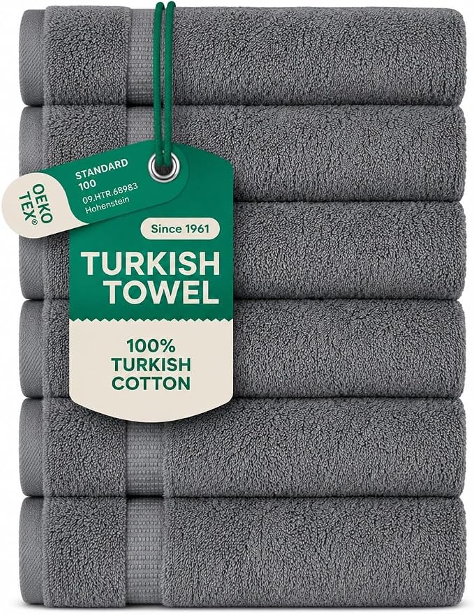 SALBAKOS 6-Piece 100% Turkish Cotton Hand Towels, 16x30 inch, Gray | Large Size Thick Super Soft Highly Absorbent, Versatile Hair Face & Hand Drying Towel, Premium Hotel Quality Made in Turkey