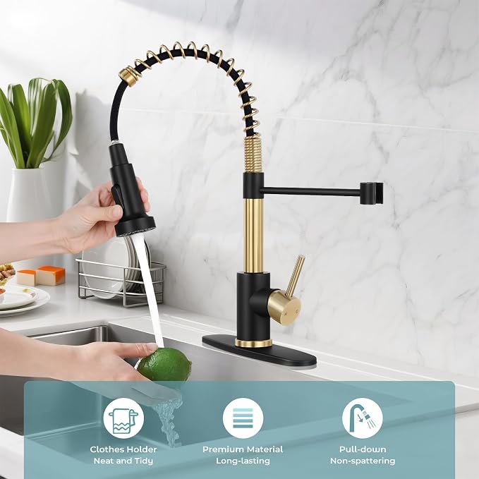 Kitchen Faucet with Pull Down Sprayer Brush Gold&Black | 2-mode sprayer, 360° high arc spout, 304 SS build, drip-free valve, fingerprint-resistant, DIY install, NSF certified