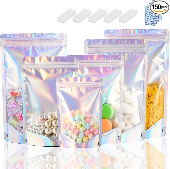 150 Pcs Mylar Bags for Food Storage, 4x6 Mylar Bag with Window Stand Up, Small Holographic Resealable Bags Smell Proof Bag Food Packaging for Small Business Freeze Dried Candy Jewelry Foil Packaging