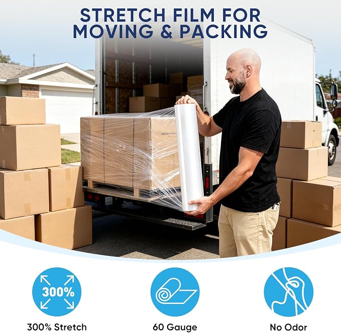 TICONN 1Pk Stretch Wrap Stretch Film Roll, 1000ft Industrial Strength 15 inch Wide Clear Plastic Wrap for Pallet Wrapping Shipping Moving (No Handles)