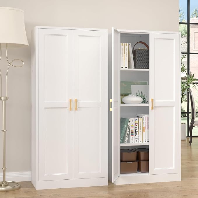 Steeloong 60"Metal Pantry Storage Cabinet with Doors & 3 Adjustable Shelves | Kitchen Pantry Cabinet,White Kitchen Cabinet with 2 Gold Handles,Tall Cabinet for Livingroom,Pantry, Bathroom,Kitchen