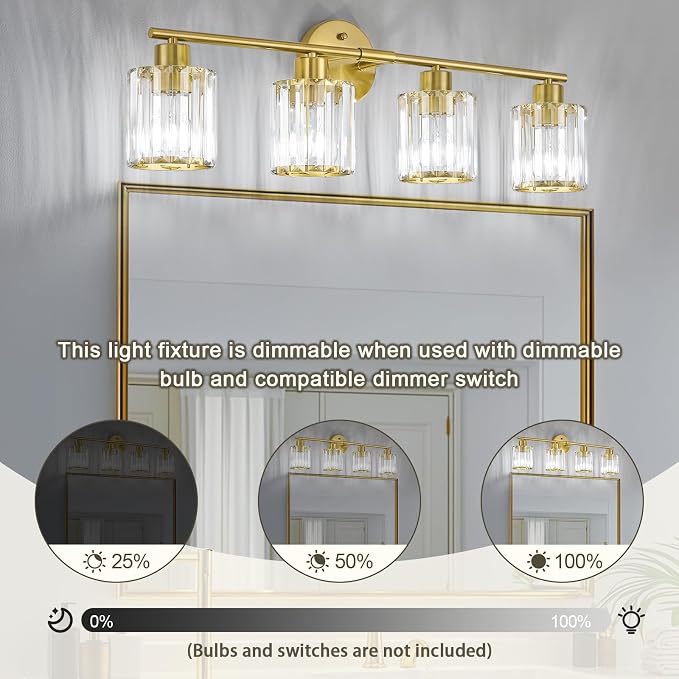 Crystal Bathroom Light Fixtures, Bathroom Lighting Fixtures Over Mirror, Modern 4-Light Gold Vanity Lights for Mirror, Restroom, Kitchen(Ceramic E26 Socket,Bulbs Not Include)