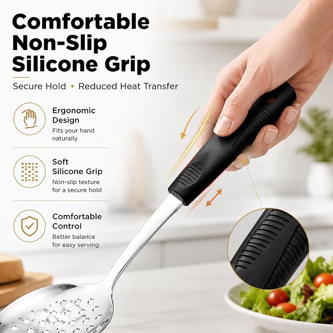 Buffet Serving Utensils Set, 9-Piece with Serving Spoons & Tongs | 3 serving spoons, 3 slotted spoons, and 3 tongs with heat-resistant silicone handles for buffet serving and entertaining.