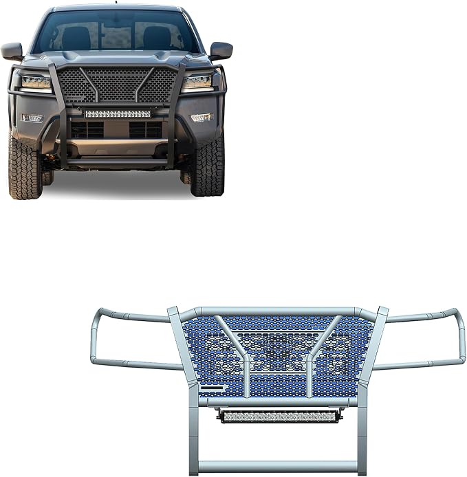 Black Horse RUGGED Heavy Duty Grille Brush Bumper Guard Modular Black Come with 20" Double Row LED Light Compatible with 2022-2024 Nissan Frontier-RU-NIFR22-B-K1