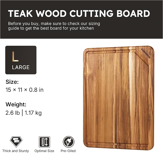 15'' Teak Wood Cutting Board for Kitchen Non Slip Over Sink Charcuterie Board Serving Heavy Duty Non Toxic Wooden Chopping Board Thick Haus Organic Edge Grain Wood Long-Lasting Use