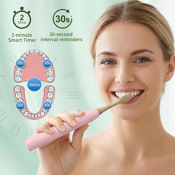 Sonic Electric Toothbrush with Bamboo Heads, Pink | Bamboo Electric Toothbrush, Soft Castor Oil Bristles, Smart Timer, 40000 VPM, 5 Modes, IPX7 Waterproof, 45-Day Battery Life