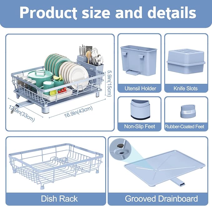 Dish Drying Rack for Kitchen Counter,12.8" W x 16.9" L,Blue | Space Saving Dish Rack, Self-Draining Drainboard, Rustproof Dish Drainer, Removable Utensil Holder