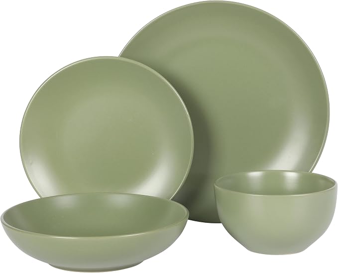 Gibson Home Queenslane 16-Piece Matte Green Stoneware Dinnerware Set – Double Bowl Plates and Bowls, Durable Kitchen Dinner Set
