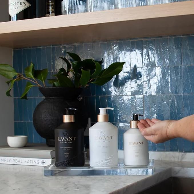 L'AVANT Collective Luxury Home Essentials | High Performing Dish Soap, Hand Soap, Multipurpose Cleaner Spray, Scrub Brush, Lucite Tray | Luxurious Ingredients Reusable Bottles (Fresh Linen)