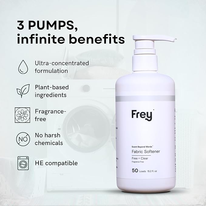 FREY Natural Liquid Fabric Softener and Conditioner | HE Laundry Softener for All Machines | Plant-Powered Eco Friendly Formula | 1-Pack, Fragrance Free
