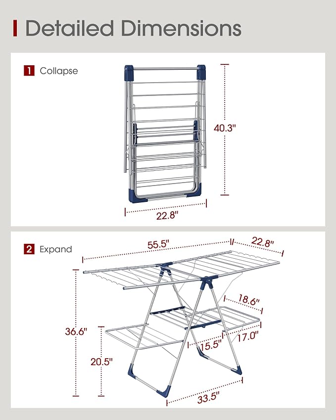 Sakugi Clothes Drying Rack, Foldable 2-Level Laundry Drying Rack with Height-Adjustable Wings, for Clothing & Bedding, Free-Standing Space-Saving Rack, Indoor & Outdoor, 55.5"L × 22.8"W, Silver Blue