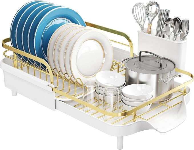 SNTD Dish Drying Rack, Expandable Dish Rack for Kitchen Counter, Stainless Steel Dish Drainer with Drainboard Set and Utensil Holder (Gold)