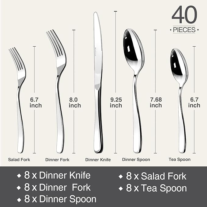 Silverware Set for 8, 40 Piece HEAVY DUTY 18/10 Stainless Steel Flatware Utensils Cutlery Set, Mirror Polished knives Forks and Spoons Silverware Sets,Dishwasher Safe for Dinner Wedding Party